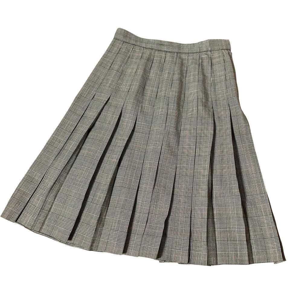 David Brooks Vtg Dark Academia Pure Wool Pleated Midi Skirt Grey Glen Plaid Sz 8